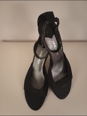 Nine West Black Open-Toe Ankle-Strap Heels with Chain Accents
